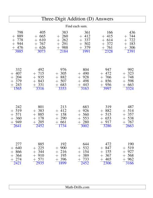 The Column Addition -- Five Three-Digit Numbers (D) Math Worksheet Page 2