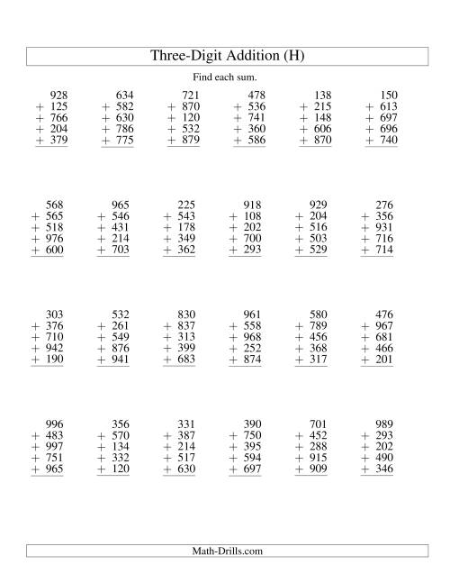 The Column Addition -- Five Three-Digit Numbers (H) Math Worksheet