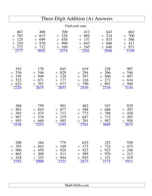 The Column Addition -- Five Three-Digit Numbers (All) Math Worksheet Page 2