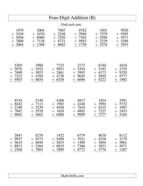 The Column Addition -- Five Four-Digit Numbers (B) Math Worksheet