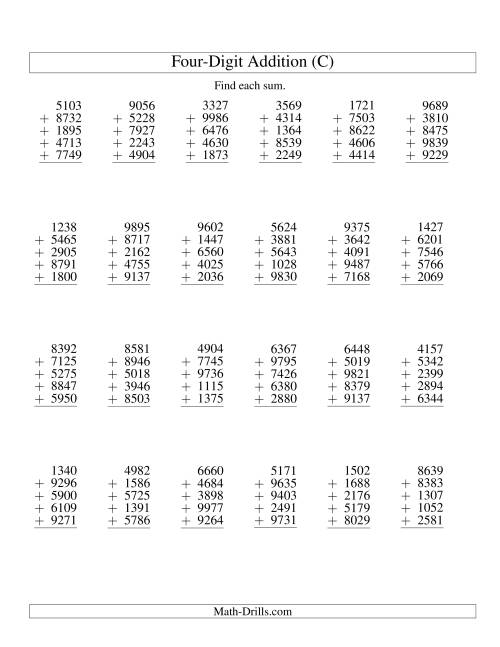 The Column Addition -- Five Four-Digit Numbers (C) Math Worksheet
