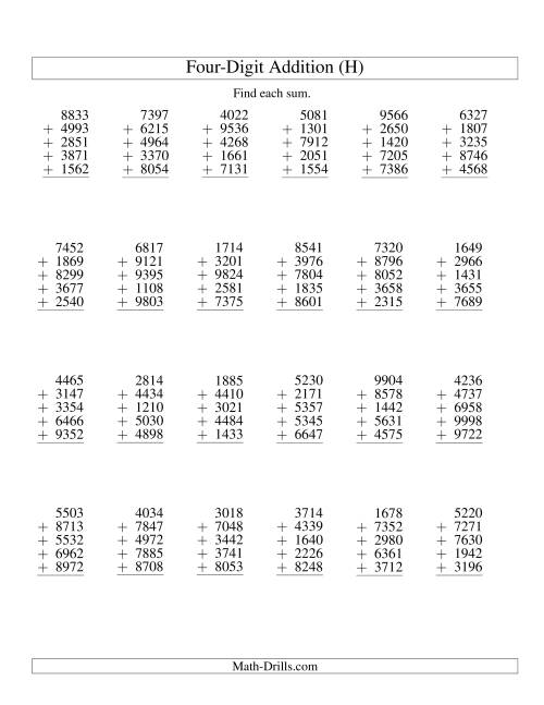 The Column Addition -- Five Four-Digit Numbers (H) Math Worksheet