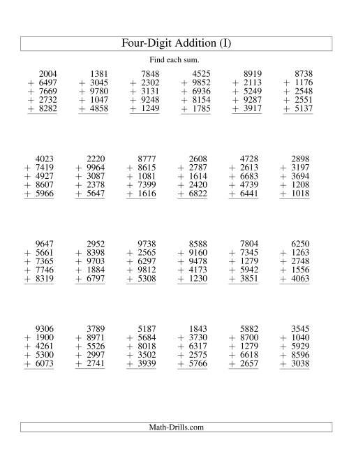 The Column Addition -- Five Four-Digit Numbers (I) Math Worksheet