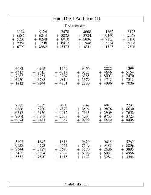 The Column Addition -- Five Four-Digit Numbers (J) Math Worksheet