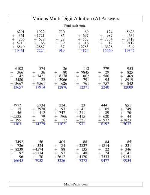 The Column Addition -- Five Various-Digit Numbers (A) Math Worksheet Page 2