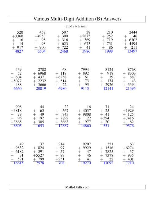The Column Addition -- Five Various-Digit Numbers (B) Math Worksheet Page 2