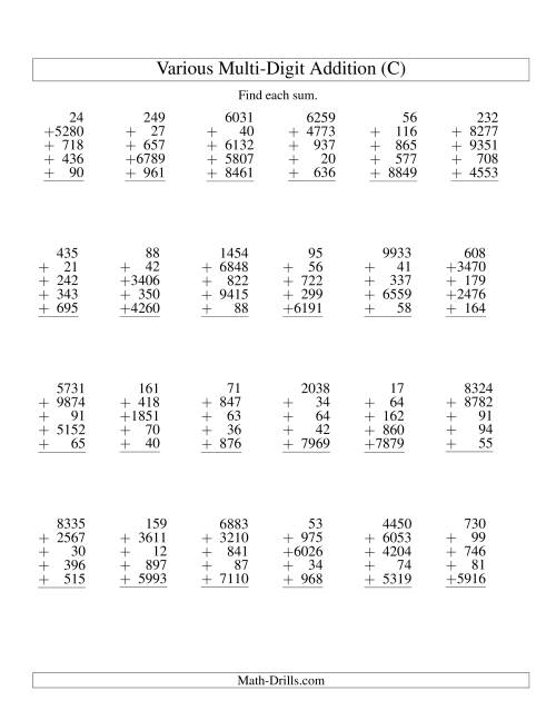 The Column Addition -- Five Various-Digit Numbers (C) Math Worksheet