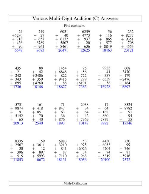 The Column Addition -- Five Various-Digit Numbers (C) Math Worksheet Page 2