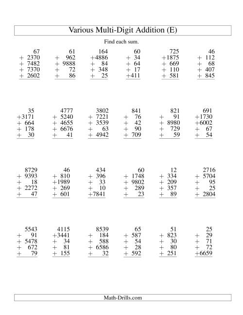 The Column Addition -- Five Various-Digit Numbers (E) Math Worksheet