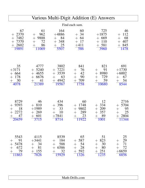 The Column Addition -- Five Various-Digit Numbers (E) Math Worksheet Page 2