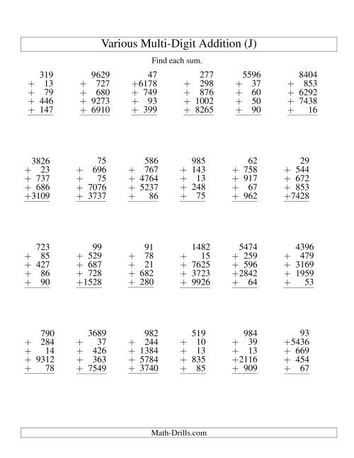 The Column Addition -- Five Various-Digit Numbers (J) Math Worksheet