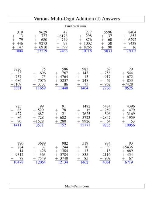 The Column Addition -- Five Various-Digit Numbers (J) Math Worksheet Page 2