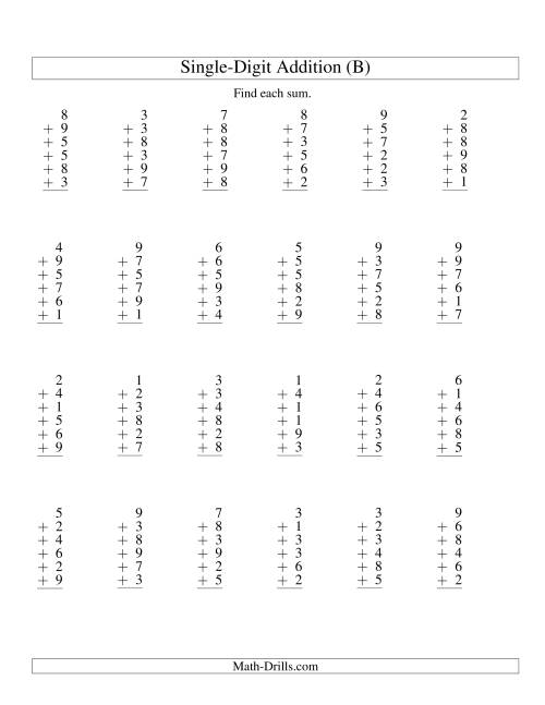The Column Addition -- Six One-Digit Numbers (B) Math Worksheet