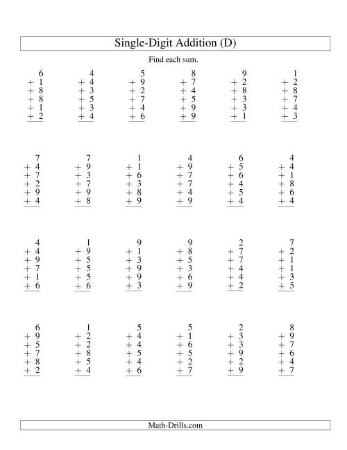 The Column Addition -- Six One-Digit Numbers (D) Math Worksheet