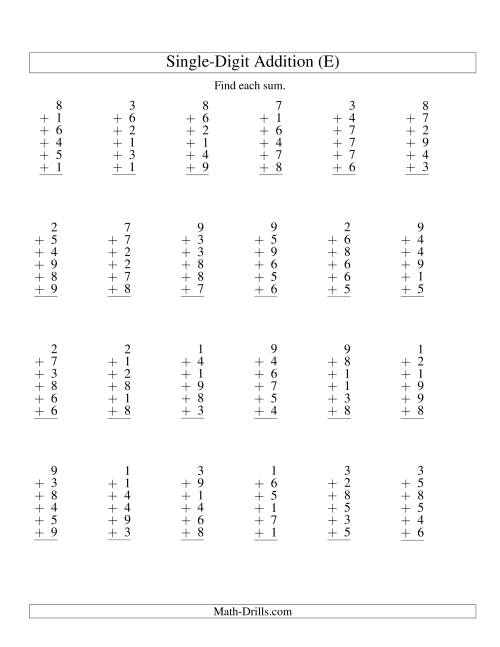 The Column Addition -- Six One-Digit Numbers (E) Math Worksheet
