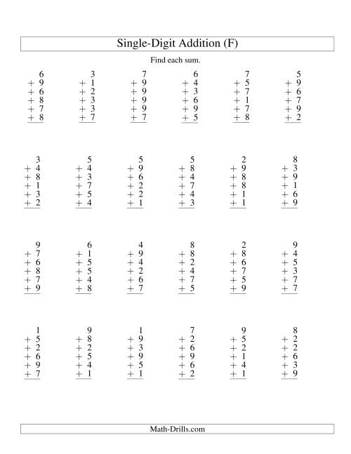 The Column Addition -- Six One-Digit Numbers (F) Math Worksheet