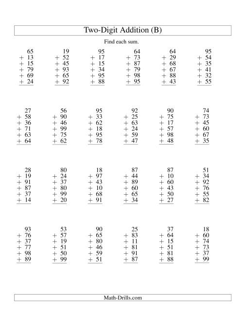 The Column Addition -- Six Two-Digit Numbers (B) Math Worksheet