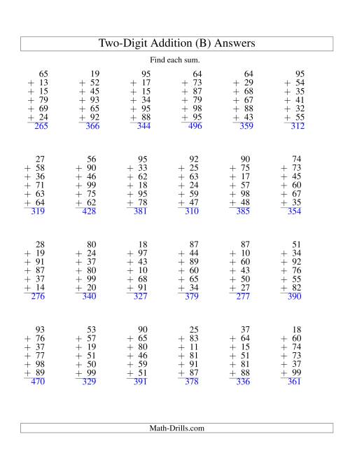 The Column Addition -- Six Two-Digit Numbers (B) Math Worksheet Page 2