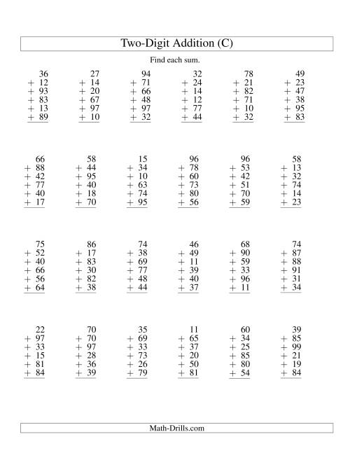 The Column Addition -- Six Two-Digit Numbers (C) Math Worksheet