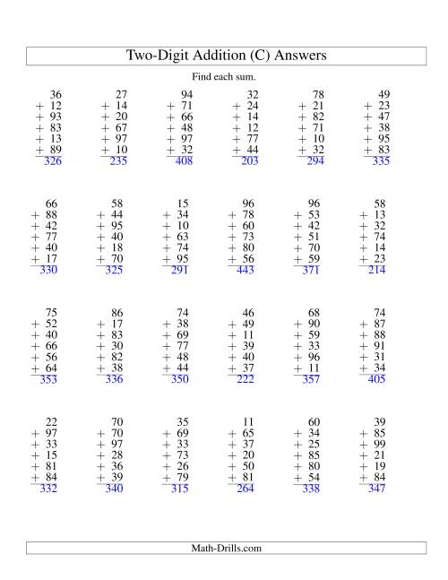 The Column Addition -- Six Two-Digit Numbers (C) Math Worksheet Page 2