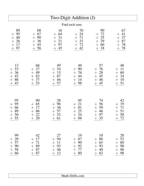 The Column Addition -- Six Two-Digit Numbers (J) Math Worksheet