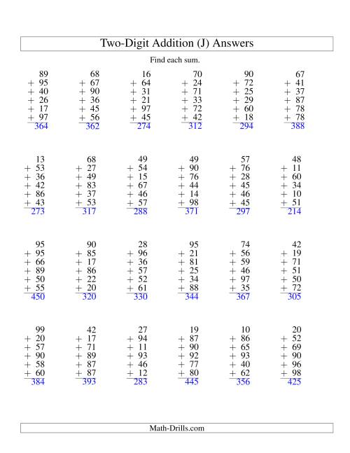 The Column Addition -- Six Two-Digit Numbers (J) Math Worksheet Page 2