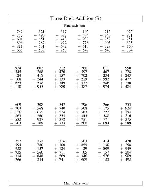 The Column Addition -- Six Three-Digit Numbers (B) Math Worksheet