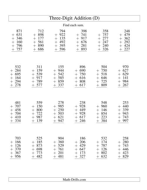 The Column Addition -- Six Three-Digit Numbers (D) Math Worksheet