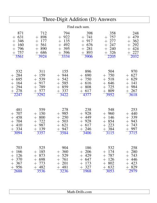 The Column Addition -- Six Three-Digit Numbers (D) Math Worksheet Page 2