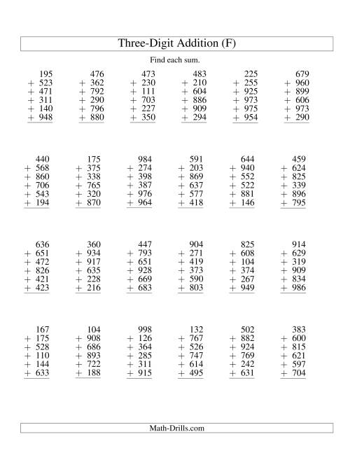 The Column Addition -- Six Three-Digit Numbers (F) Math Worksheet