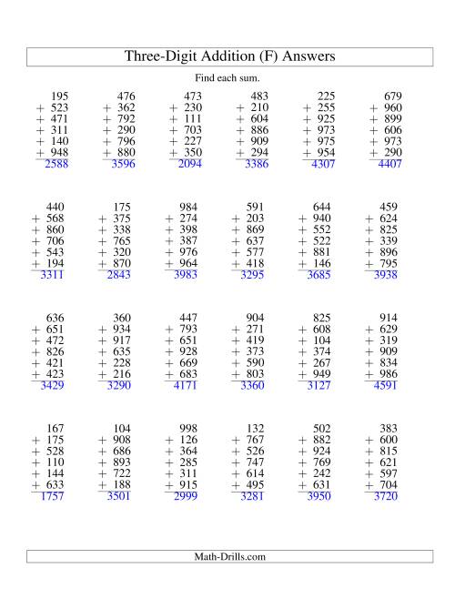 The Column Addition -- Six Three-Digit Numbers (F) Math Worksheet Page 2