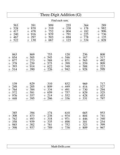 The Column Addition -- Six Three-Digit Numbers (G) Math Worksheet