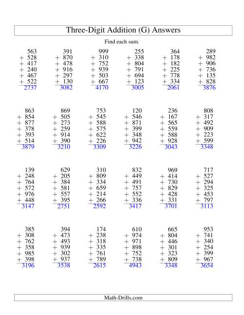 The Column Addition -- Six Three-Digit Numbers (G) Math Worksheet Page 2