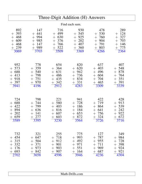 The Column Addition -- Six Three-Digit Numbers (H) Math Worksheet Page 2