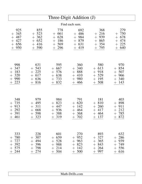 The Column Addition -- Six Three-Digit Numbers (J) Math Worksheet