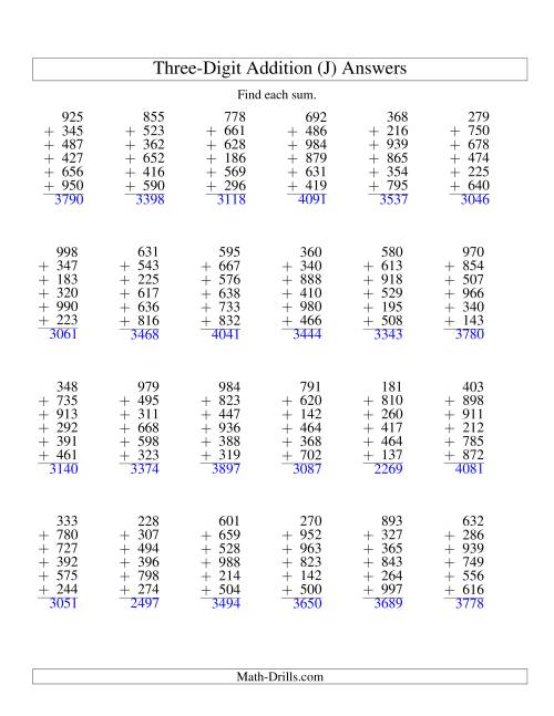 The Column Addition -- Six Three-Digit Numbers (J) Math Worksheet Page 2