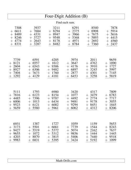 The Column Addition -- Six Four-Digit Numbers (B) Math Worksheet