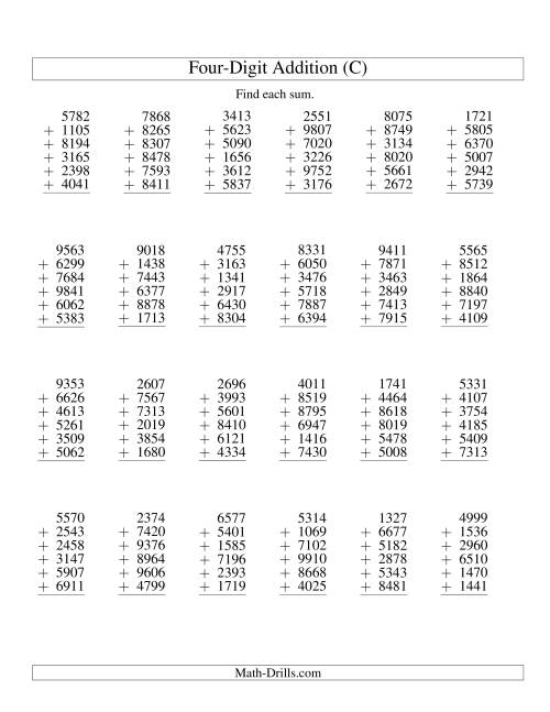 The Column Addition -- Six Four-Digit Numbers (C) Math Worksheet