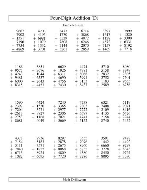The Column Addition -- Six Four-Digit Numbers (D) Math Worksheet