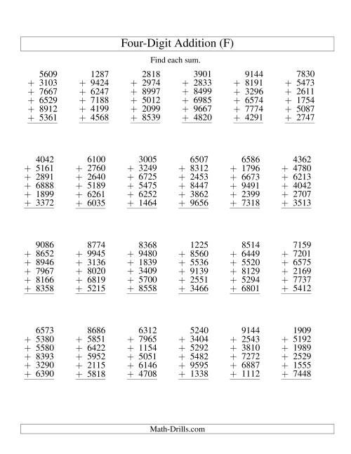 The Column Addition -- Six Four-Digit Numbers (F) Math Worksheet