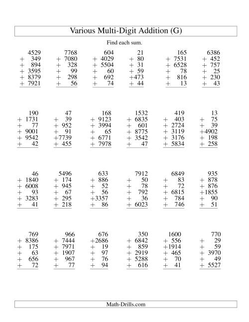 The Column Addition -- Six Various-Digit Numbers (G) Math Worksheet