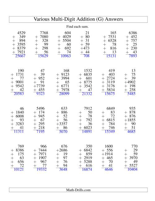 The Column Addition -- Six Various-Digit Numbers (G) Math Worksheet Page 2