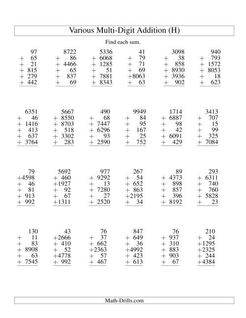 The Column Addition -- Six Various-Digit Numbers (H) Math Worksheet