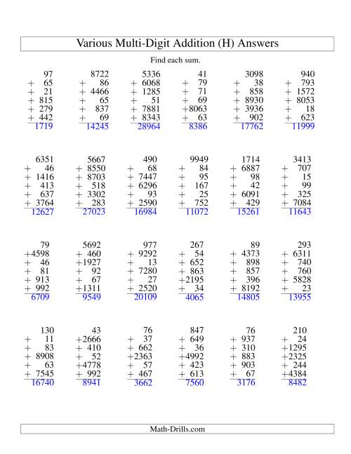 The Column Addition -- Six Various-Digit Numbers (H) Math Worksheet Page 2