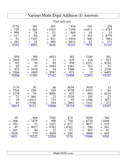 The Column Addition -- Six Various-Digit Numbers (I) Math Worksheet Page 2