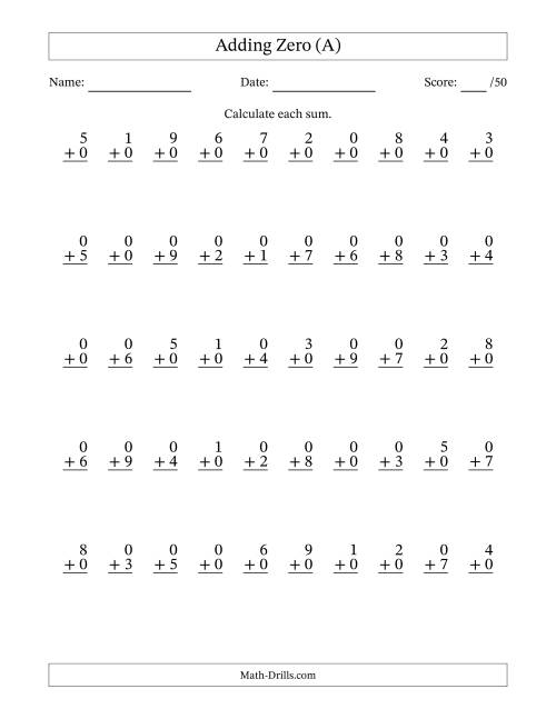 The Single Digit Addition -- 50 Vertical Questions -- Adding Zeros (A) Math Worksheet