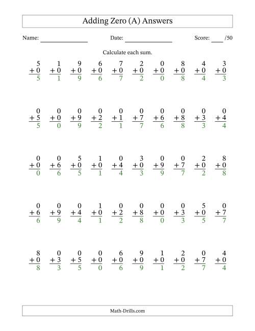 The Single Digit Addition -- 50 Vertical Questions -- Adding Zeros (A) Math Worksheet Page 2