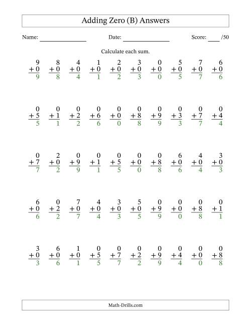 The Adding Zero With The Other Addend From 0 to 9 – 50 Questions (B) Math Worksheet Page 2