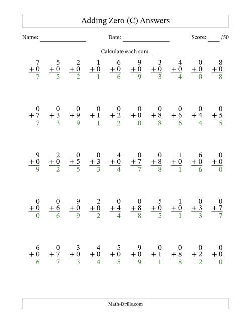 The Adding Zero With The Other Addend From 0 to 9 – 50 Questions (C) Math Worksheet Page 2
