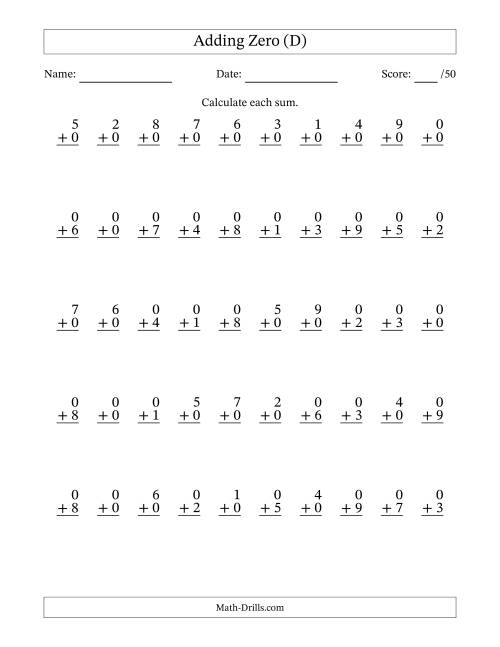 The Adding Zero With The Other Addend From 0 to 9 – 50 Questions (D) Math Worksheet